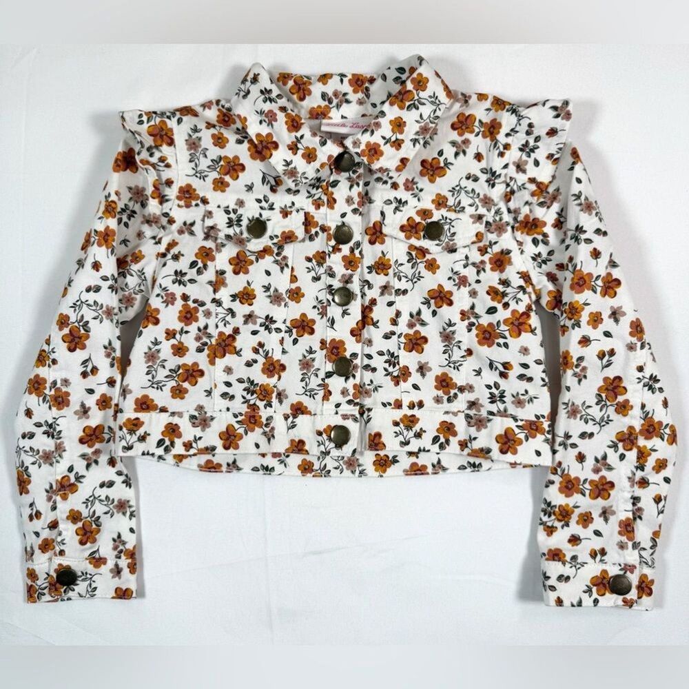 LITTLE LASS Girls White Floral Denim Jacket‎ Size 5 Cowgirl Cottagecore Western
